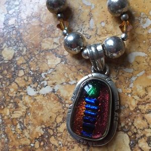 Wearable art silver frame fused glass/fun crystals